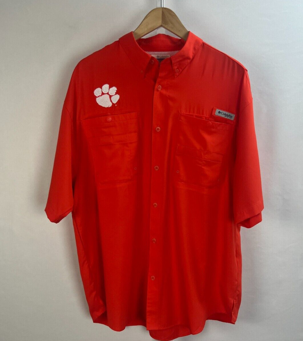 Columbia PFG Clemson Tigers Fishing Shirt Short Sleeve Orange Mens Size Large